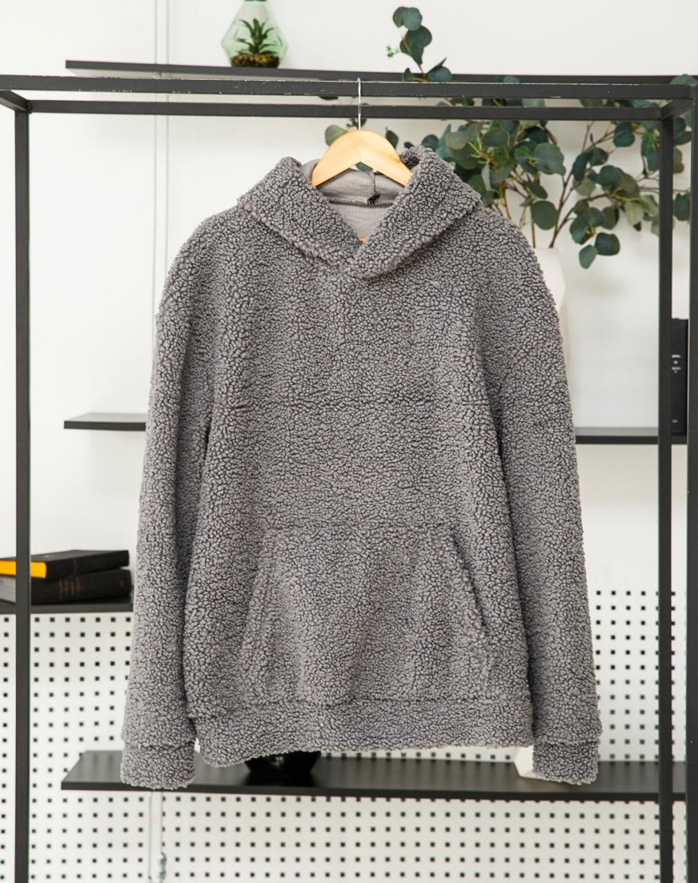 Худі кенгуру чоловічий оверсайз плюшевий сірий теплий м'яка кофта плюш із капюшоном молодіжна, фото 1