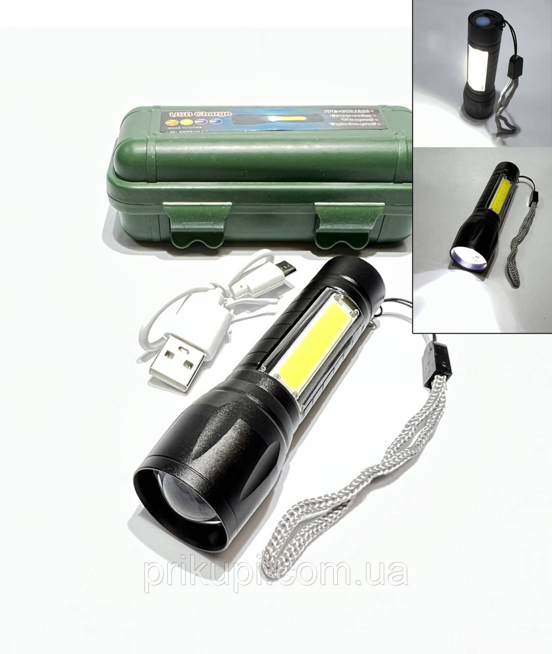 Ручний ліхтарик з USB-зарядкою BL-511 XPE COP-880000W + світлодіодна панель, вбудований акумулятор, ЗУМ, фото 1