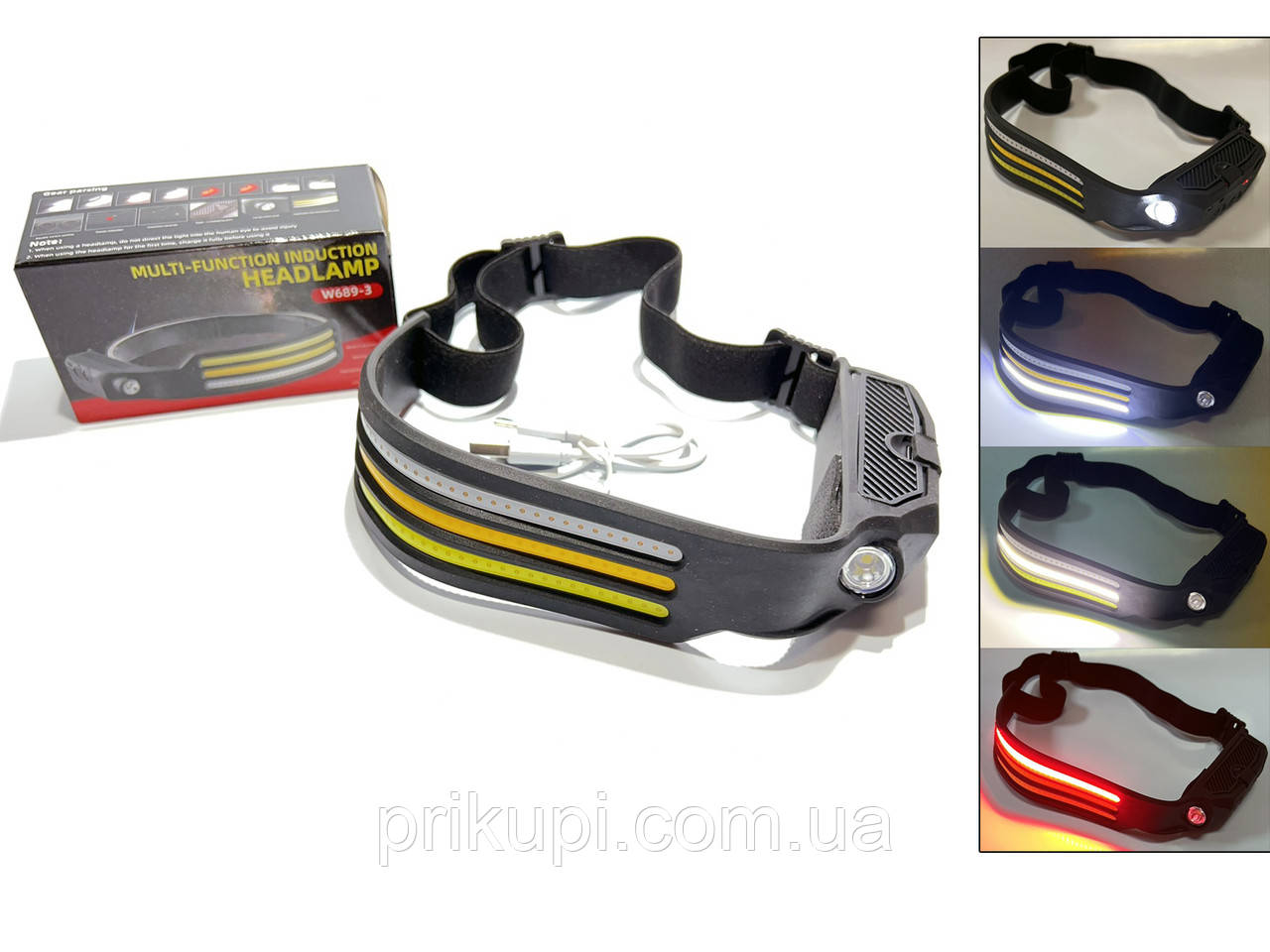 Ліхтарик налобний гнучкий + сенсор руху BL-W689-LM+3COB (white+yellow+red) ЗП micro USB, акумулятор, фото 1