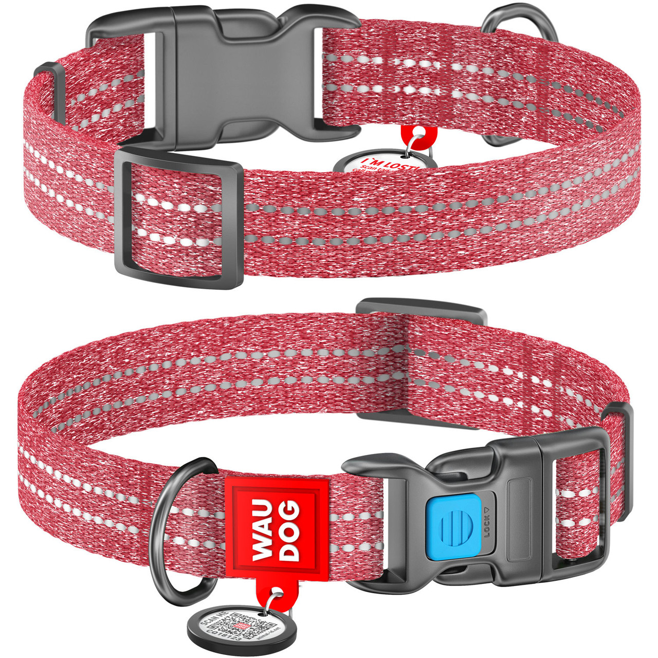 Нашийник 23-35 см 15 мм WAUDOG Re-cotton з QR паспортом відновлена бавовна пластикова пряжка червон для собак, фото 1