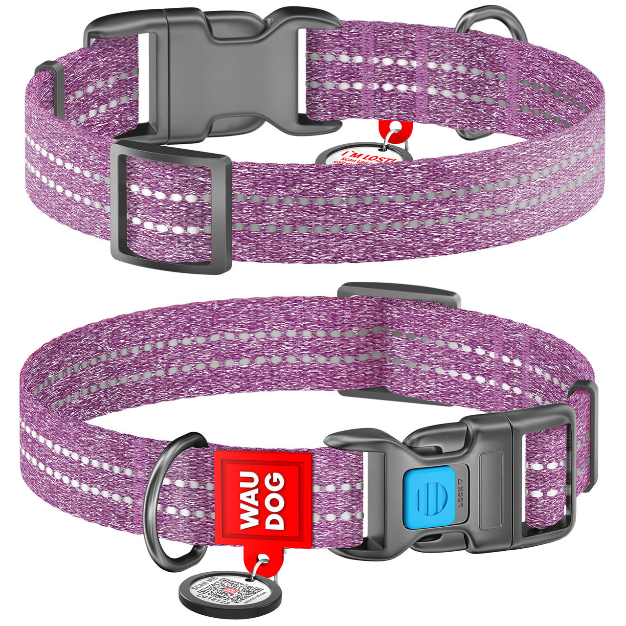 Нашийник 31-49 см 25 мм WAUDOG Re-cotton з QR паспортом відновлена бавовна пластикова пряжка фіолет для собак, фото 1