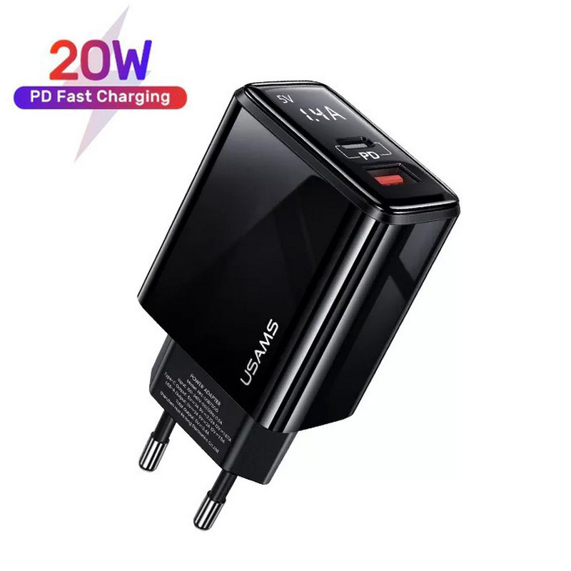 Мережевий зарядний пристрій Usams 2xUSB QC 3.0 + Type-C/PD 20 W з цифровим дисплеєм Black (US-CC133-BL)