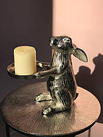 Металлический подсвечник «Кролик с блюдом» на одну свечу, 22 см, диаметр тарелки 10,5 см