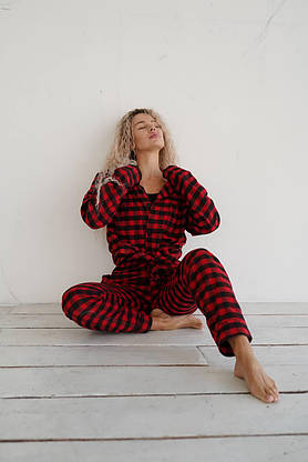 Піжама жіноча бавовна в карту для дому та сну, тепла домашня піжама жіноча двойка сорочка та штани, фото 2