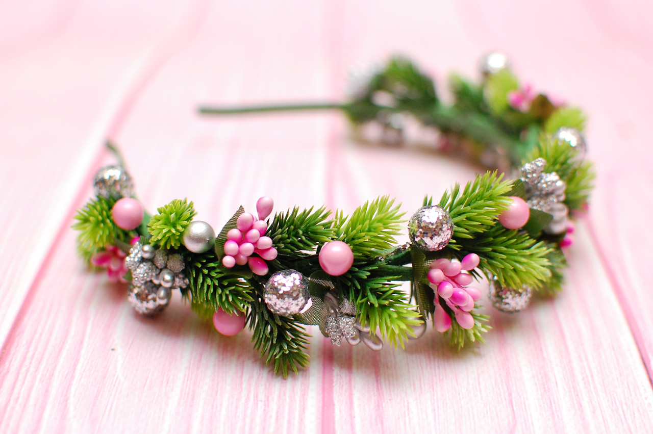 Обруч для волосся / обідок на голову новорічний з ялинкою рожево-серіблястий 669, фото 1