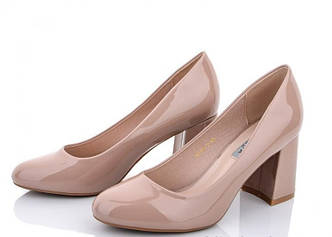 Туфлі жіночі класичні лакові лодочки LORETTA середній каблук колір пудра