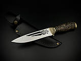 Ніж ручної роботи «Тризуб #1» з гербом України зі шкіряними піхвами нескладний 95Х18, фото 3