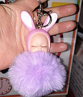 Брелок на ключи сумку кролик заяц зайка нежно фиолетовый личико куколка мех пушок