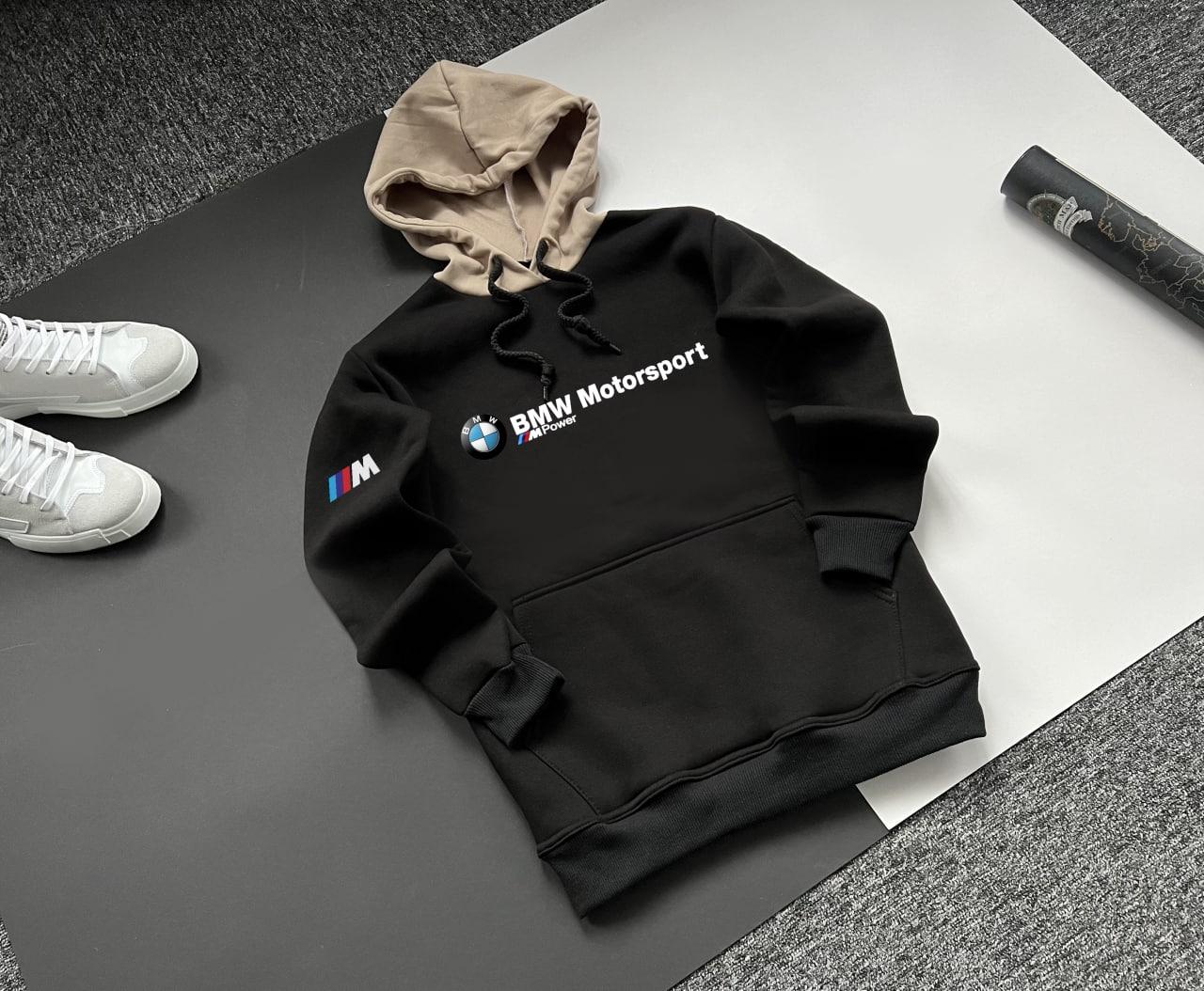 Толстовка чоловіча зимова Bmw motorsport тепла з начосом чорна кофта чоловіча зимова на флісі