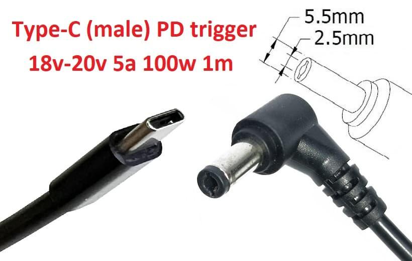 Перехідник для TS100, SH72, SQ-D60, SQ001, T12 на 20v (max 5a, 100w) на 5.5x2.5mm 1m з USB Type-C (male) Power Delivery PD тригер