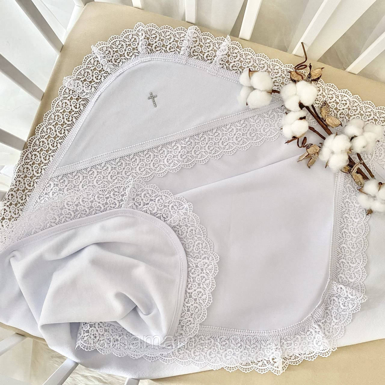 Тепла велюрова крижма для хрещення "Мереживо небес" Велюр/кулір Білий 85*100 см Betis, фото 1