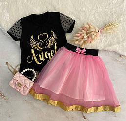 Нарядний костюм для дівчинки з футболкою та спідницею з фатину Find Kon, Чёрно-Розовый, Девочка, Лето, 3 года