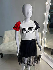 Костюм для дівчинки футболка зі спідницею з фатину 1050, QiNZHuangShangZheng, Чорно-Білий, Для дівчаток, Літо, 122