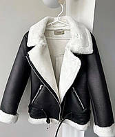 Жіноча чорна еко-дублянка авіатор з білим хутром