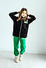 Костюм утеплений із нашивками для дівчинки турецька тринитка на флісі кофта худі та джогери чорний зелений, фото 3