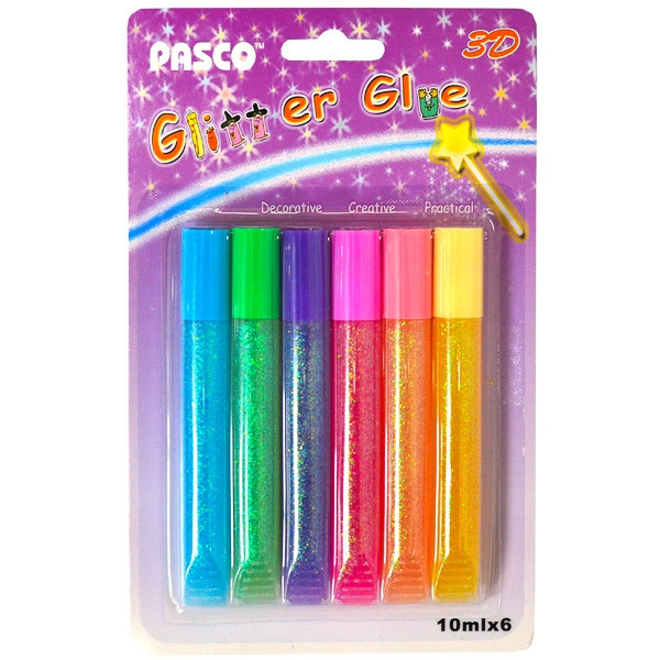 Клей з блискітками 6кол.х10 мл. Pasco неон F-004-1