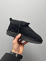 Угги женские Ugg Ultra Mini Black черные натуральная замша с мехом теплые на зиму короткие стильные