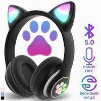 Детские гарнитура наушники с светящимися ушками кошки беспроводные Bluetooth с LED RGB подсветкой