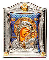 Казанская Икона Божией Матери 20x25см на синем фоне в серебряной рамке с позолотой