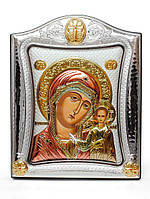 Казанская Икона Божией Матери 20x25см с разноцветной эмалью в серебряной рамке с позолотой под стеклом