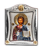 Икона Иисуса Христа 20x25см с разноцветной эмалью в серебряной рамке с позолотой
