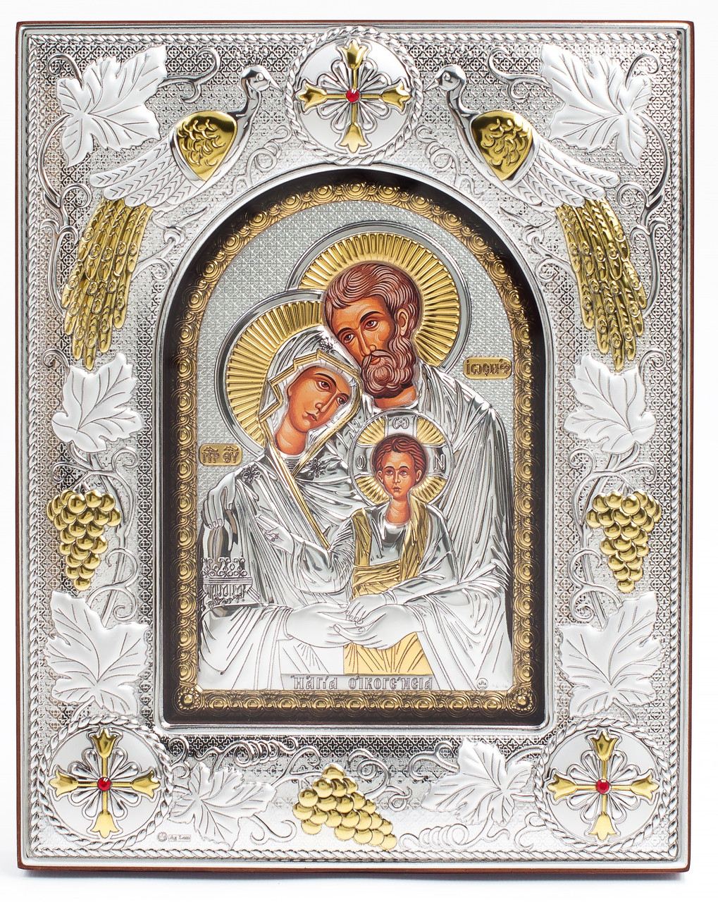Ікона Святе Сімейство 20x25x3см в срібній прямокутній рамці з позолотою під склом