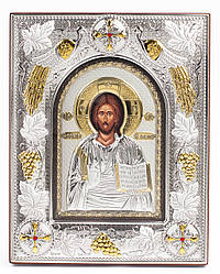 Ікона Ісуса Христа 14x18x3см в срібній прямокутній рамці з позолотою під склом
