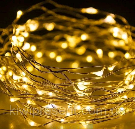 Світлодіодна дротяна гірлянда нитка "Роса" теплий жовтий 5 метрів 100 led на батарейках, фото 2