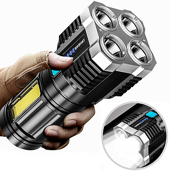 Ліхтар ручний акумуляторний до 200 м, з USB-зарядкою, X-509-4LED+COB / Потужна лампа-ліхтарик на акумуляторах