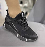 Стильные гламурные женские кроссовки Lonza 87610-RА черные с белыми полосками на подошве