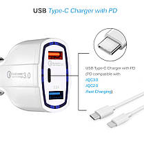 Автомобільний зарядний пристрій USB на 3 виходи Type-C Multi-USB Qc 3.0 new PD, фото 3