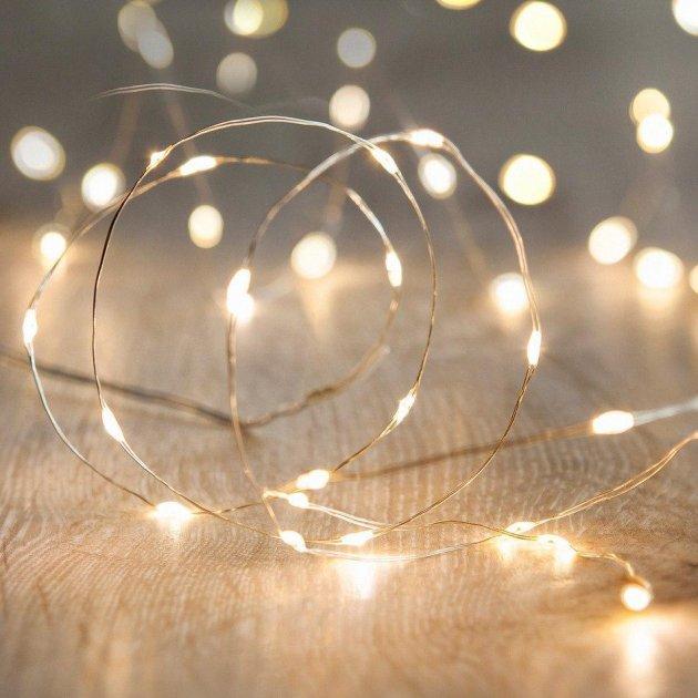 Гірлянда роса на батарейках 100 LED, 10 метрів, на дроті, теплий білий колір 1978-07