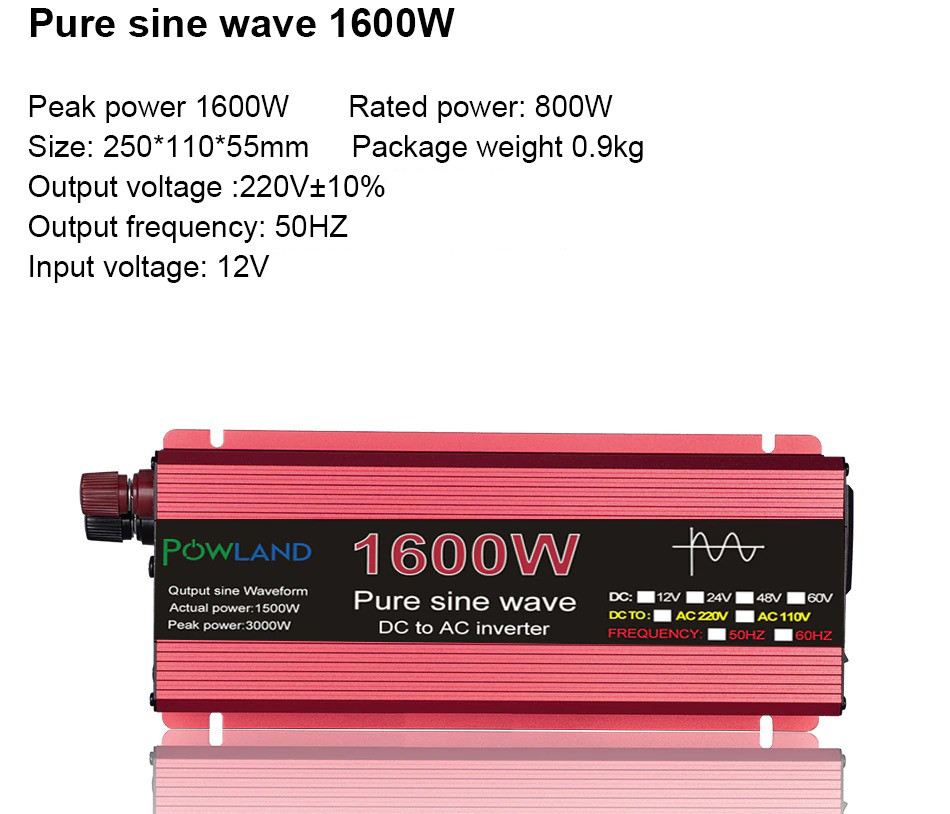 Инвертор автомобильный преобразователь POWLAND (EASUN POWER) 12-220В 1600 Вт / 800 Вт Чистый синус - фото 3 - id-p1726795415