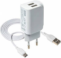 Сетевое зарядное устройство USB XO L35D 2.1A 2 Usb + кабель Type-C White