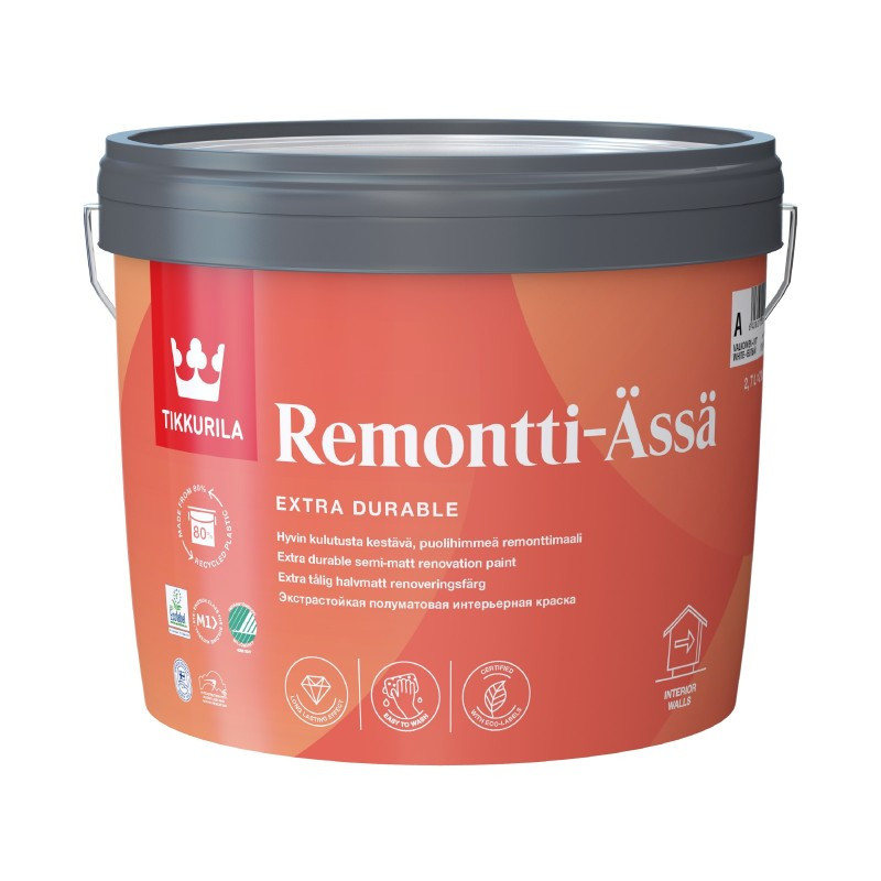 Tikkurila Remontti-Assa - екстрастійка напівматова інтер'єрна фарба (База А), 0,9 л