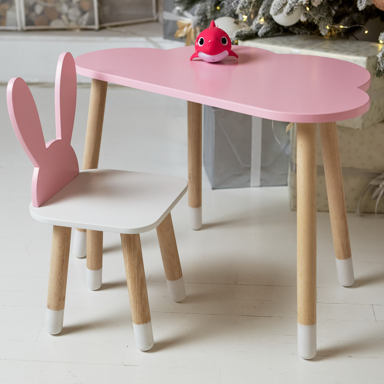 Дитячий столик хмарка і стільчик вушка зайчика рожеві з білим сидінням. Столик для ігор, занять, їжі, фото 1