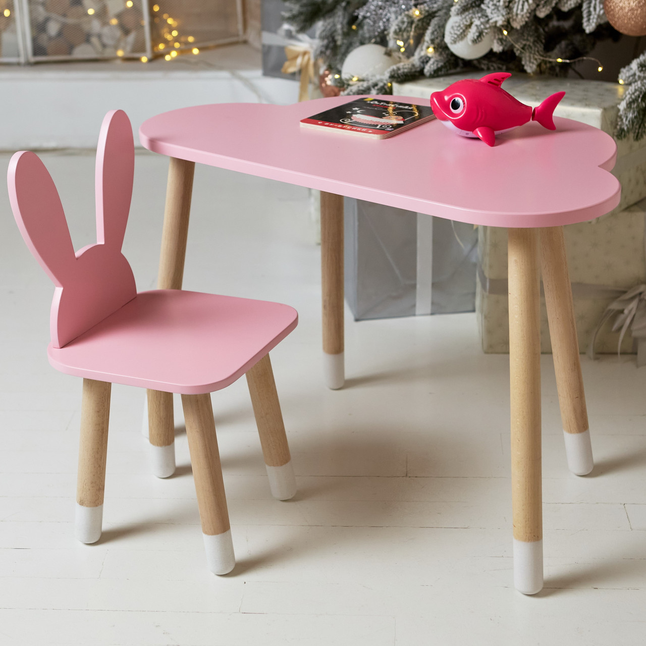 Дитячий столик хмарка і стільчик вушка зайчика рожеві. Столик для ігор, занять, їжі, фото 1