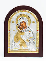 Серебряная Икона Владимирская Божья Матерь 15х21см арочной формы в деревяной рамке