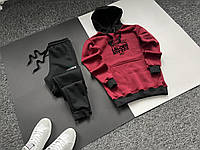 Мужской спортивный костюм теплый Lacoste (Лакоста) зимний бордовый-черный | Комплект Худи Штаны с начесом