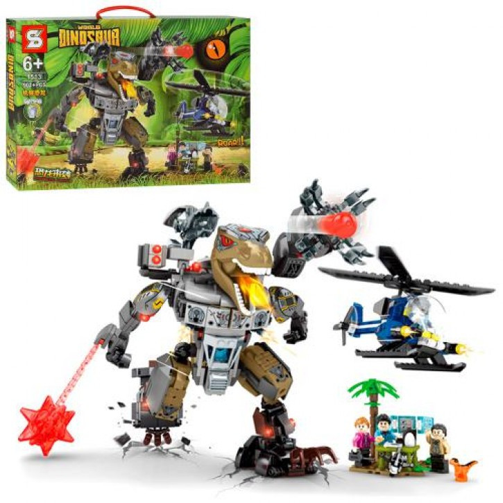 Конструктор 1513 (8шт) JW, динозавр, вертоліт, світло, фігурки, 901дет, бат-табл, в кор-ці, 52-34-7см