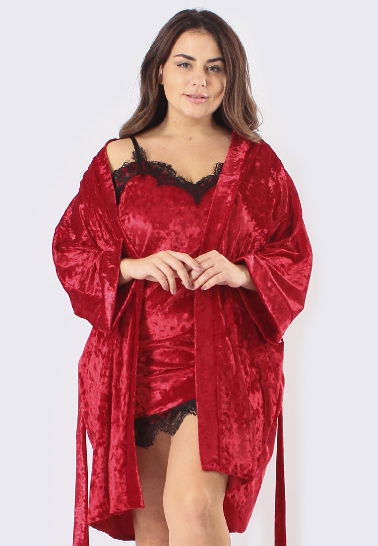 ВЕЛИКІ РОЗМІРИ! Велюровий жіночий комплект для дому халат + пеньюар червоний/червоний 60