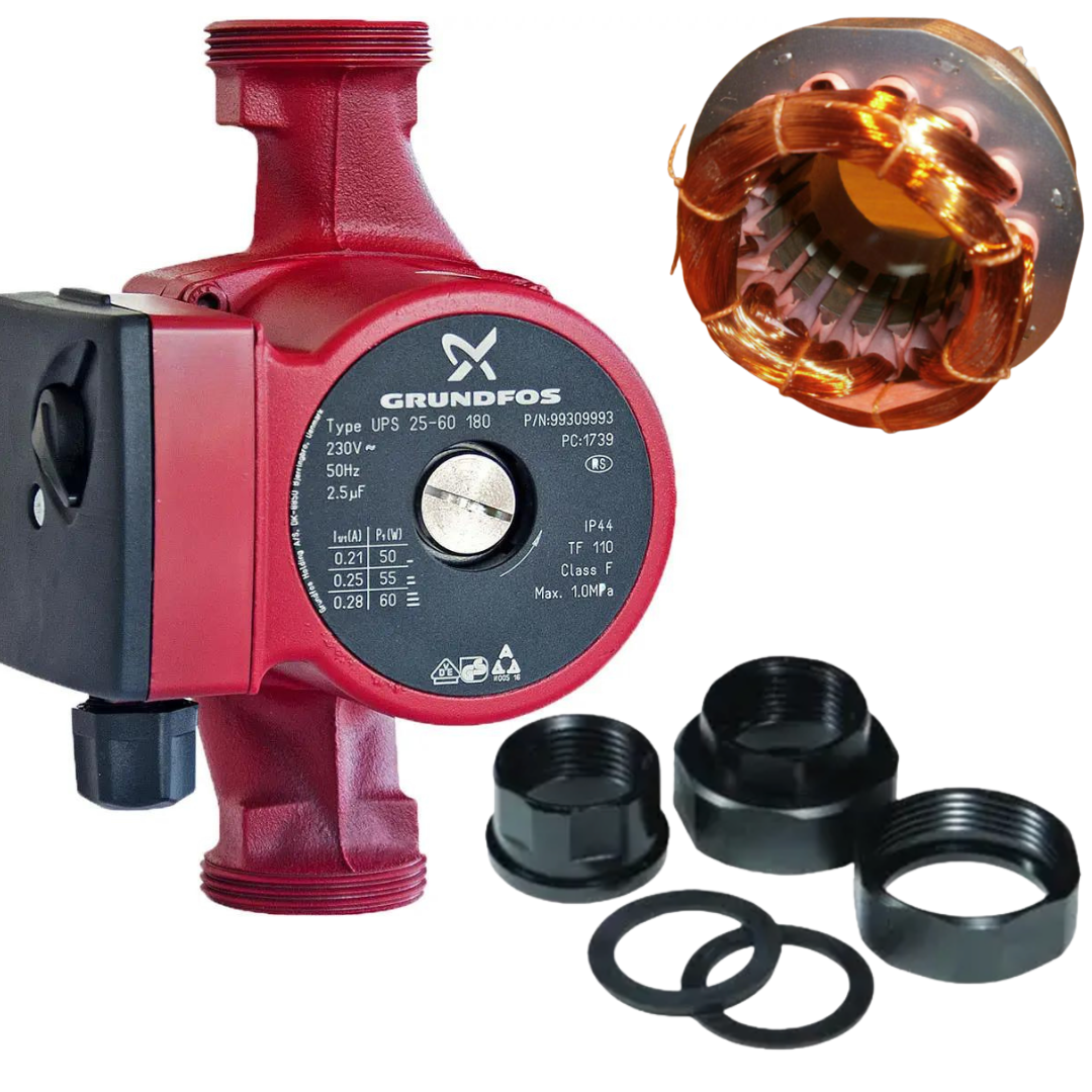 Насос Grund UPS 25/60 180 мм ПОЛЬЩА для опалення Циркуляційний с Гайками Мідна обмотка