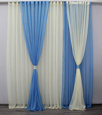 Комплект з шифону (3 шт. 2х2,8м.+4х2,8м.) "Пісочний годинник". Колір блакитний з світло-бежевим. Код 001дк (н116-н104) 10-468