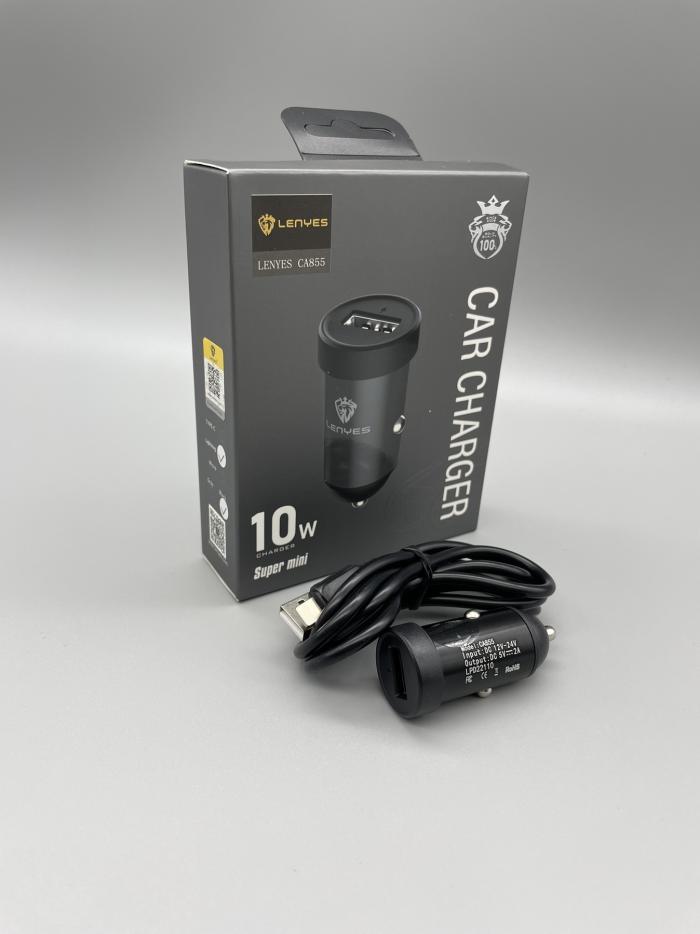 Автомобільне зарядне LENYES CA855 + кабель (iPhone) (Type-C) (microUSB) (1USB 10W)