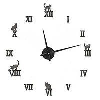 Настенные часы 3D Большие "Cats" - часы наклейка с зеркальным эффектом, необычные настенные часы стикеры Тёмное серебро - чёрные стрелки