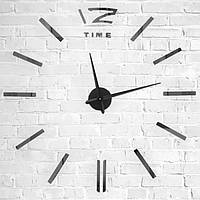 Настенные часы 3D Большие "TimeLine"- 3Д часы наклейка с зеркальным эффектом, необычные настенные часы стикеры Тёмное серебро - чёрные стрелки