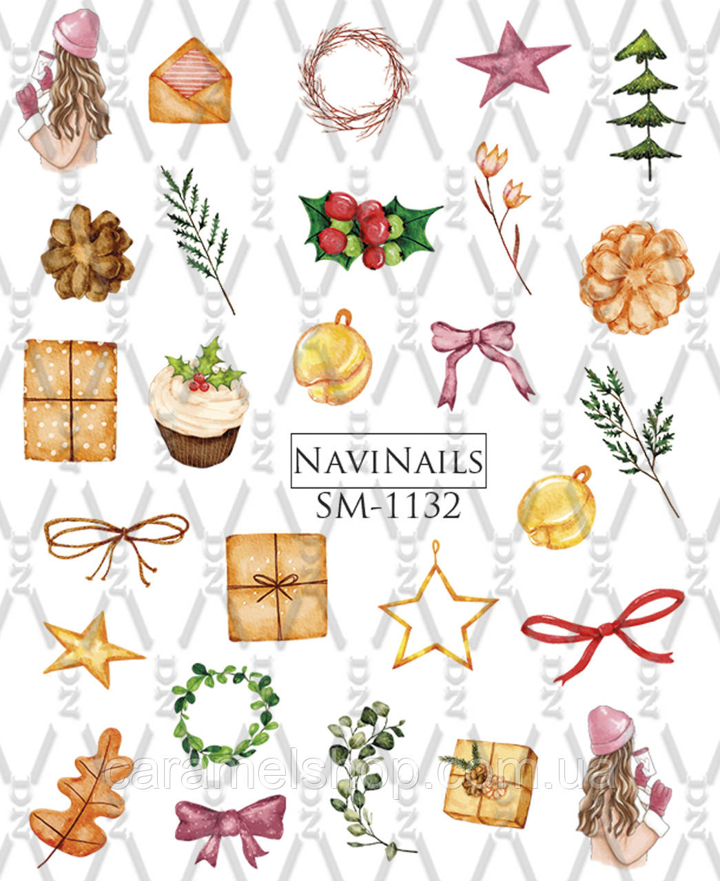 Слайдер дизайн для нігтів з білою підкладкою та малюнком мікс SM-1132 Новий Рік зима