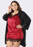 БОЛЬШИЕ РАЗМЕРЫ! Велюровый женский комплект для дома халат+пеньюар черный/красный 54