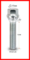 Болт колісний М12x1.25x75мм Конус (ВАЗ, ГАЗ, Fiat, Citroen, Lancia) Цинк Ключ 17 (Подовжений)