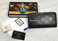 Женский кожаный брендовый кошелек Gucci Гуччи на молнии черный, кошельки кожа, кошельки с принтом